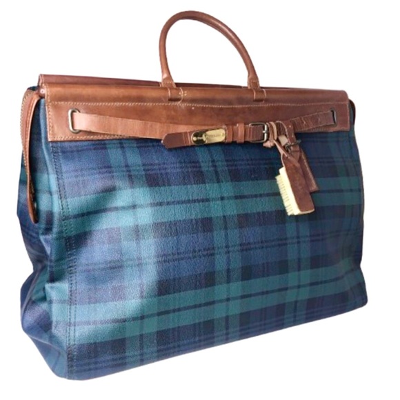 RALPH LAUREN Black Watch Plaid Blue Green Doctors Boston Weekend Overnight Bag - Picture 4 of 17